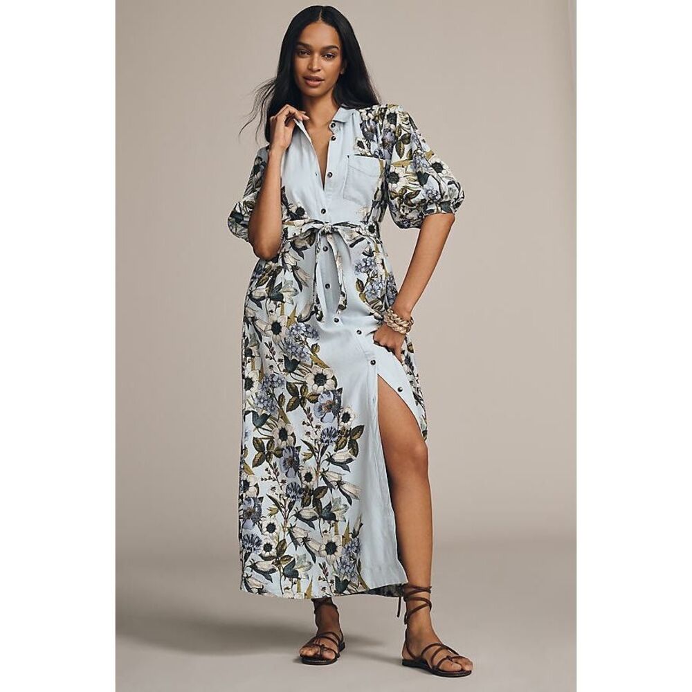Anthropologie Mona Light Blue Floral Maxi Dress with Green and Cream Accents